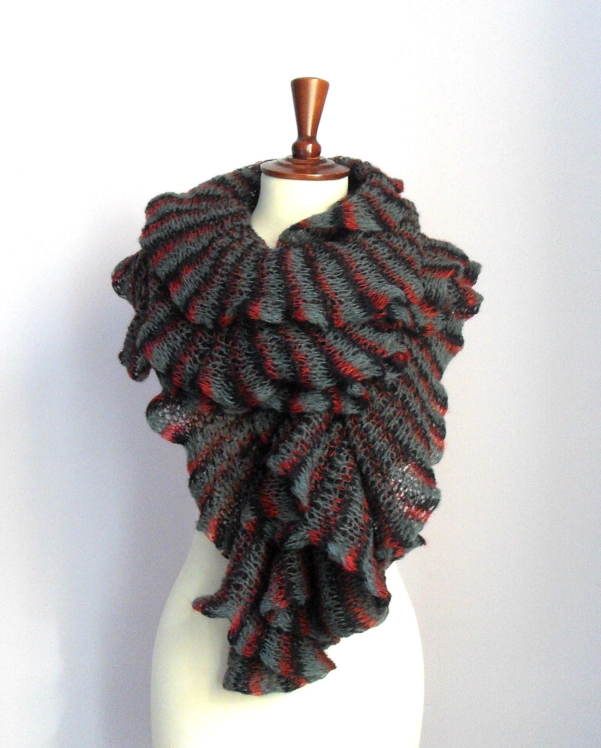 Ruffles Waves Handknit Scarf Cowl - Red Grey Gray Black - Super soft Italian Fashion