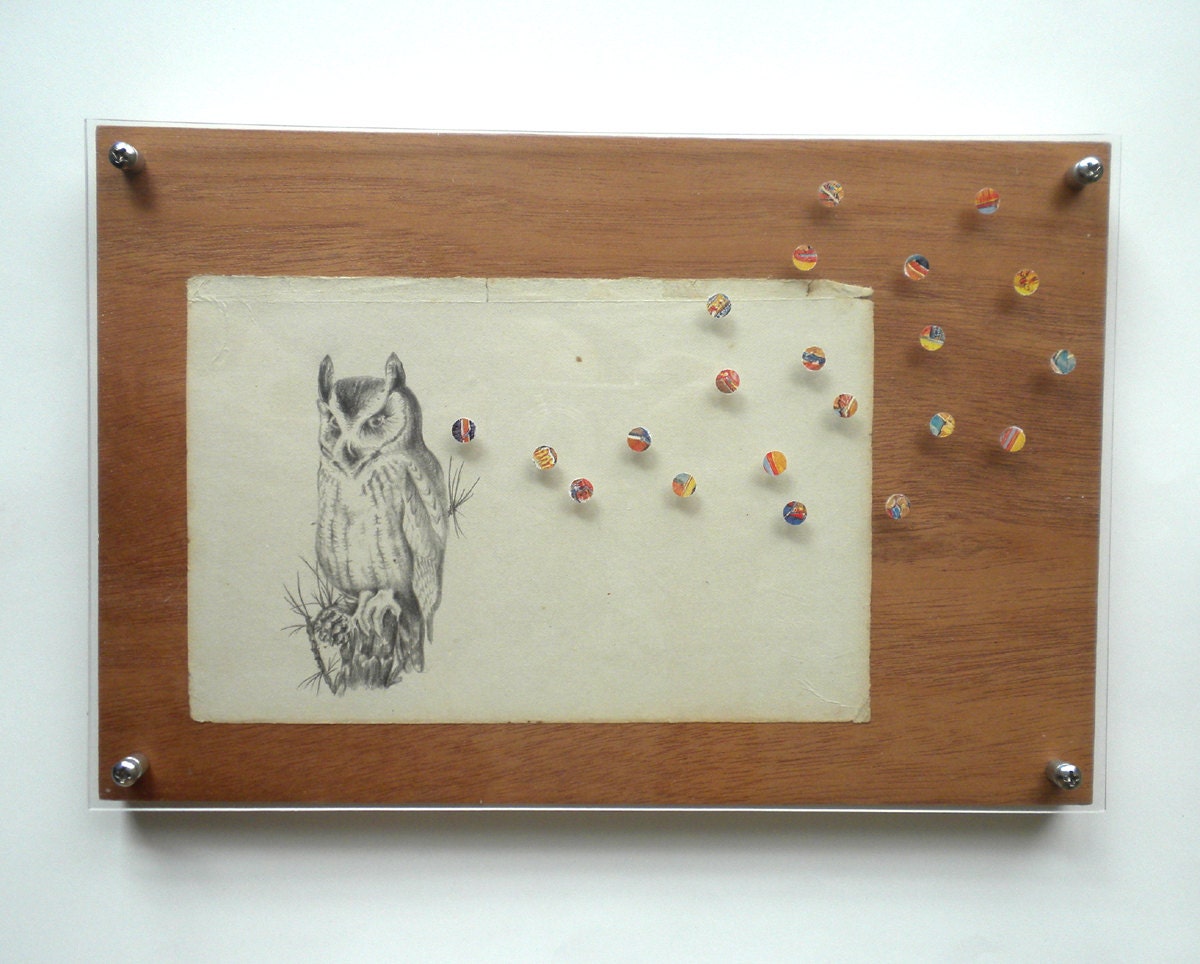 owl - original art - drawing, collage