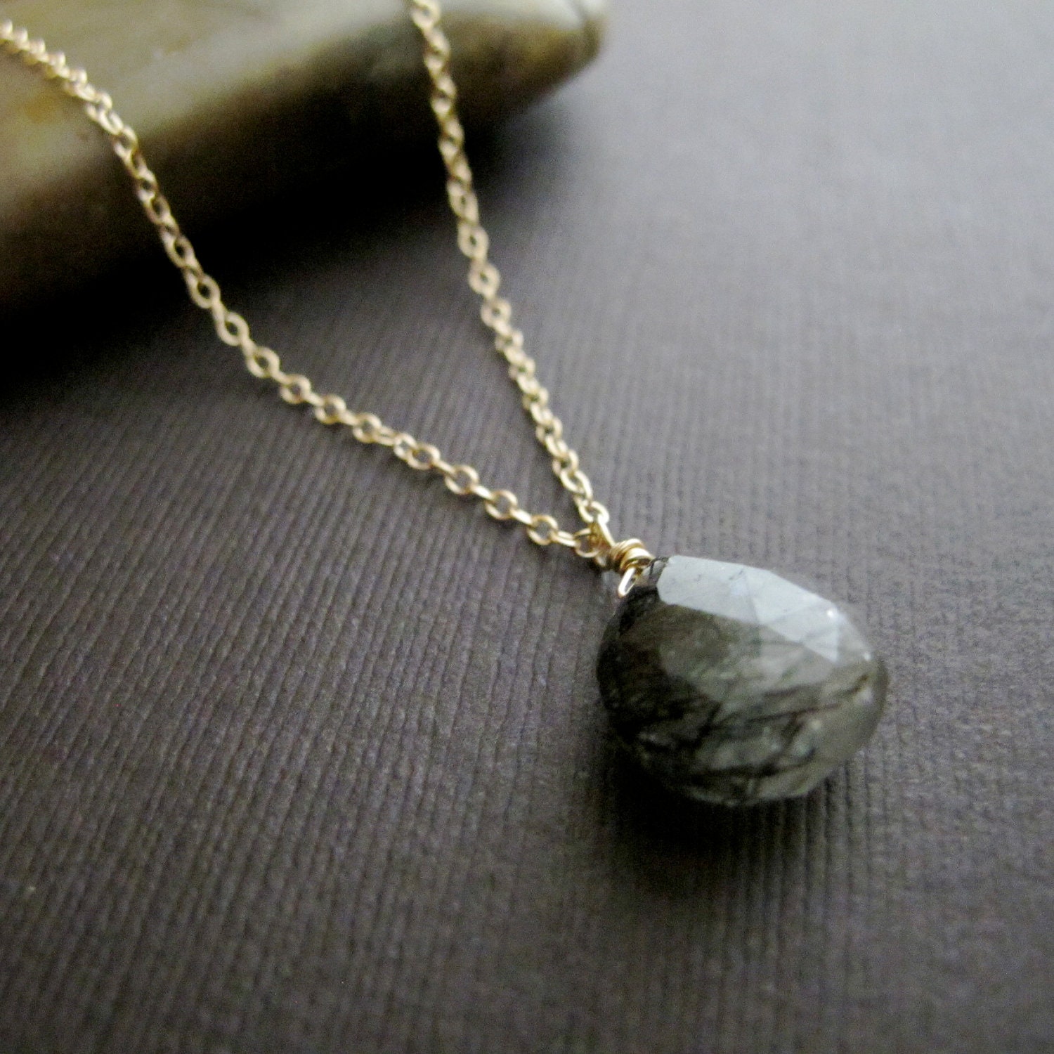 Toumalinated Quartz Necklace, 14k Gold Filled Chain Necklace, Black and Gold Necklace