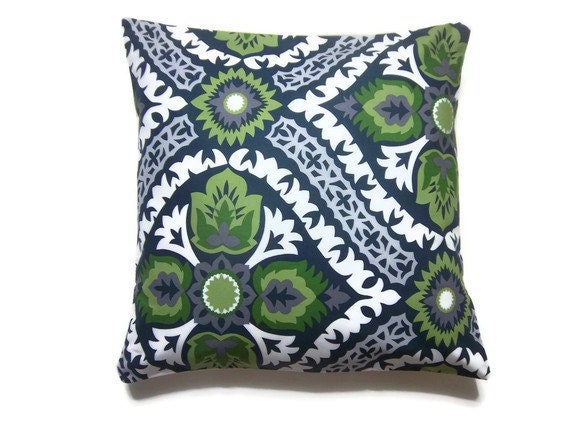 Two Olive Green Navy Blue Chartreuse Gray White Pillow Covers Decorative Toss Throw Accent Covers 18 inch pair
