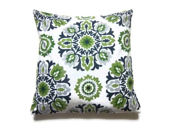 Two Olive Green Navy Blue Chartreuse White Gray Decorative Suzani Pillow Covers Toss Accent Throw Covers 18 inch pair