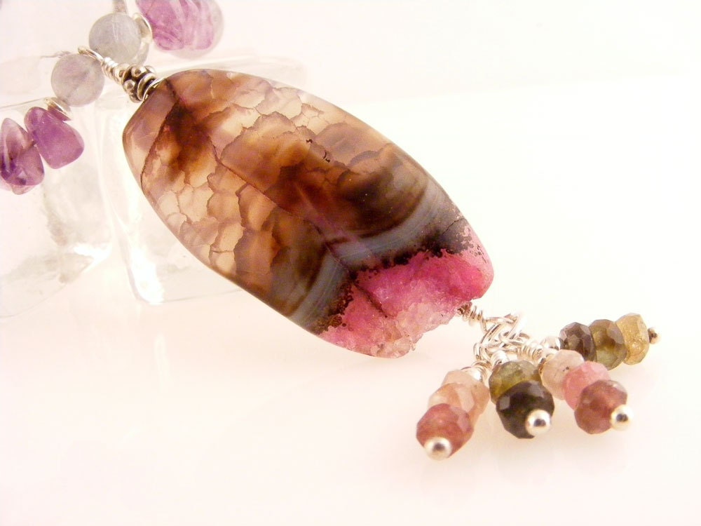 Handmade Gemstone Beaded Necklace Pink Teal Crackle Druzy Agate Pendant Fluorite Tourmaline