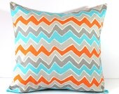 Decorative Pillow Cover - Orange Turquoise Gray Seesaw Chevron - 18 x 18 Accent Throw Pillow - Baby Nursery Decor