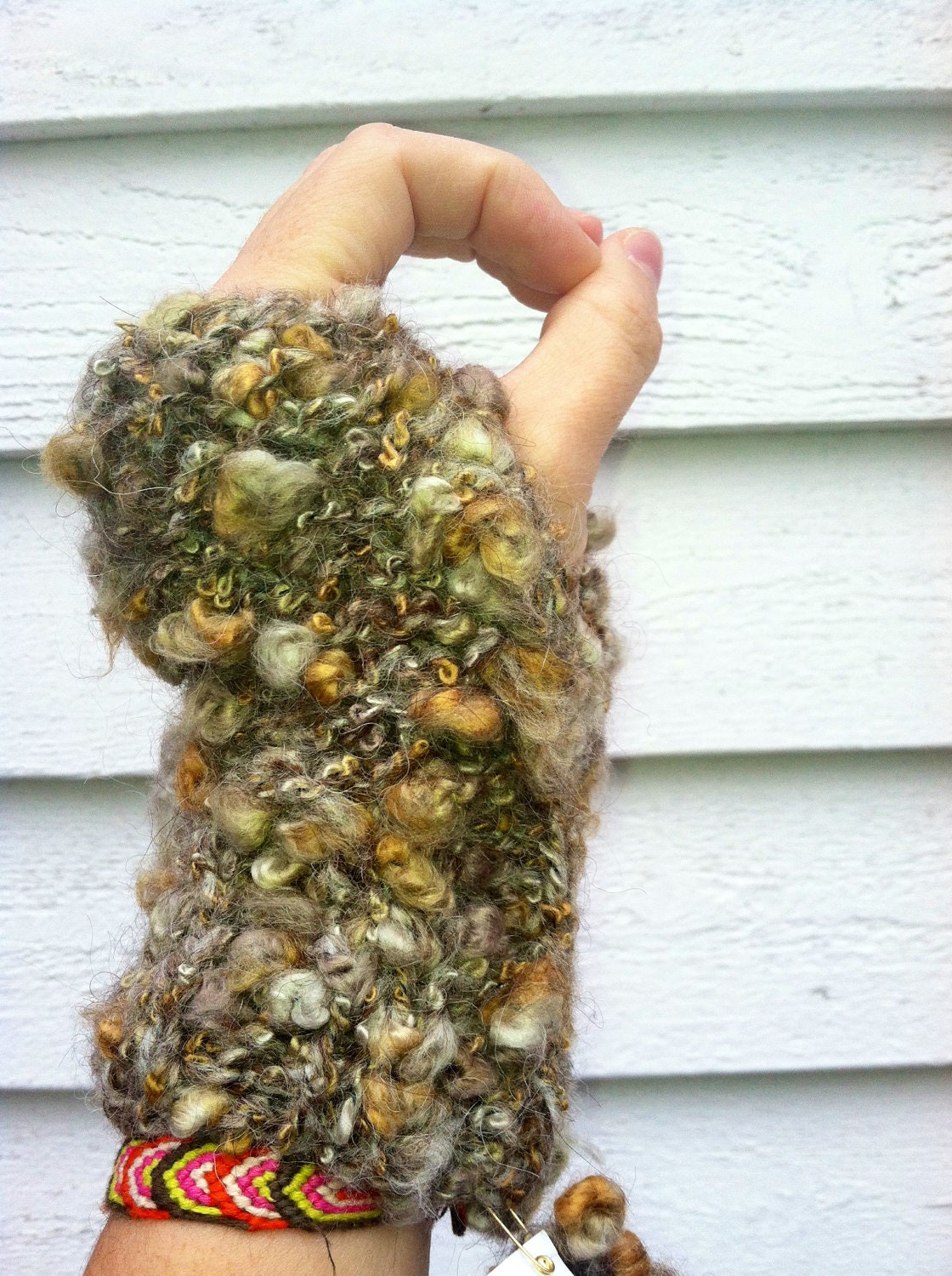 Brown and Mustard Puffy Fingerless Mittens - handmade, knit, teen, adult, women, soft, warm, gloves