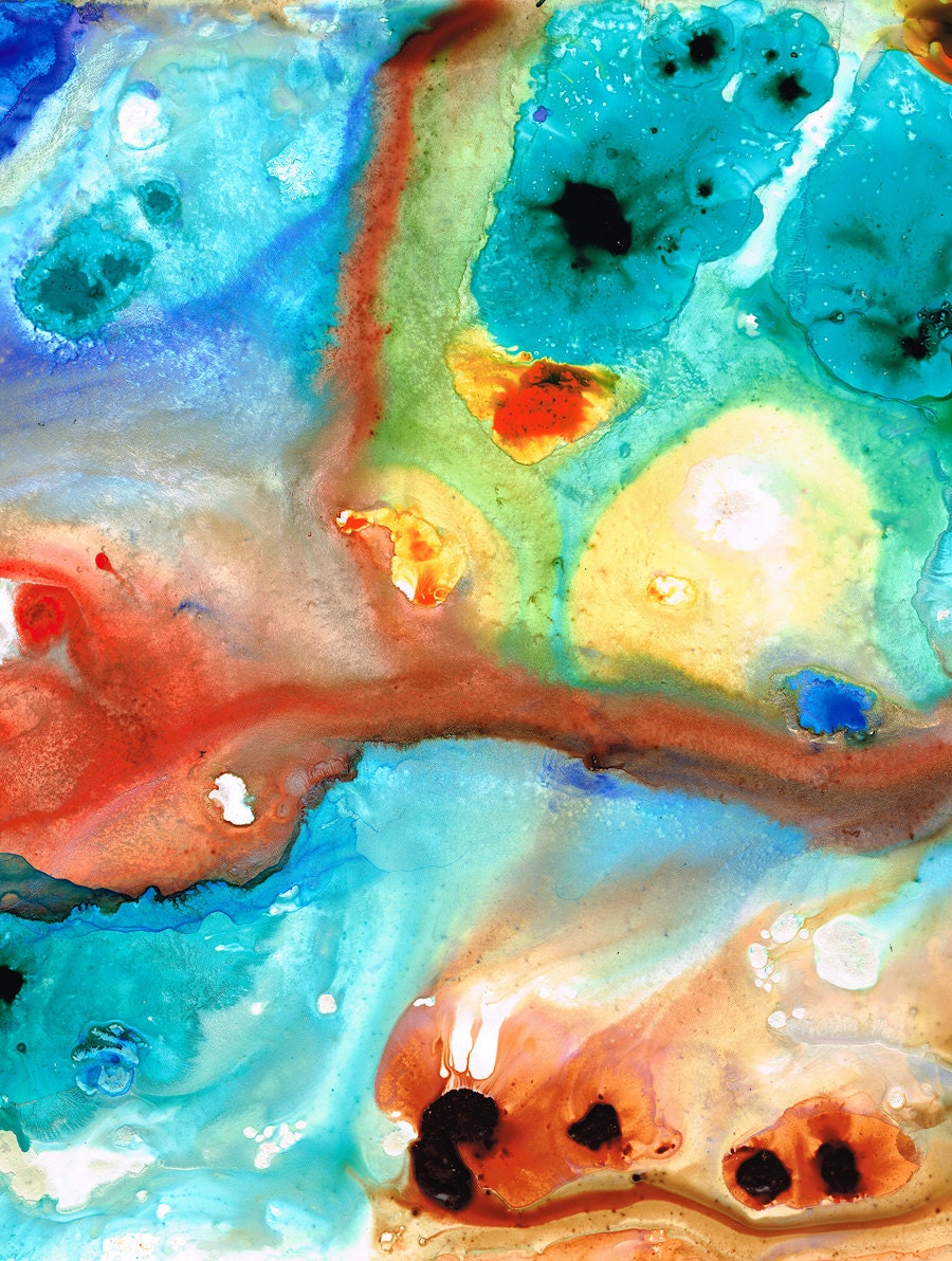 Aqua Red Blue Earthy Coral Reef Water Ocean Natural Formation 39 Yellow  art matted ready to frame sharon cummings abstract painting