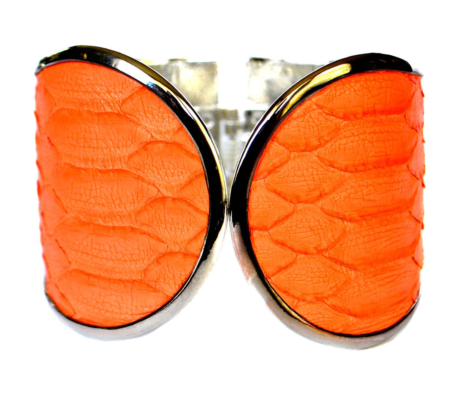 Matte Orange Neon Snakeskin Silver Capped Cuff