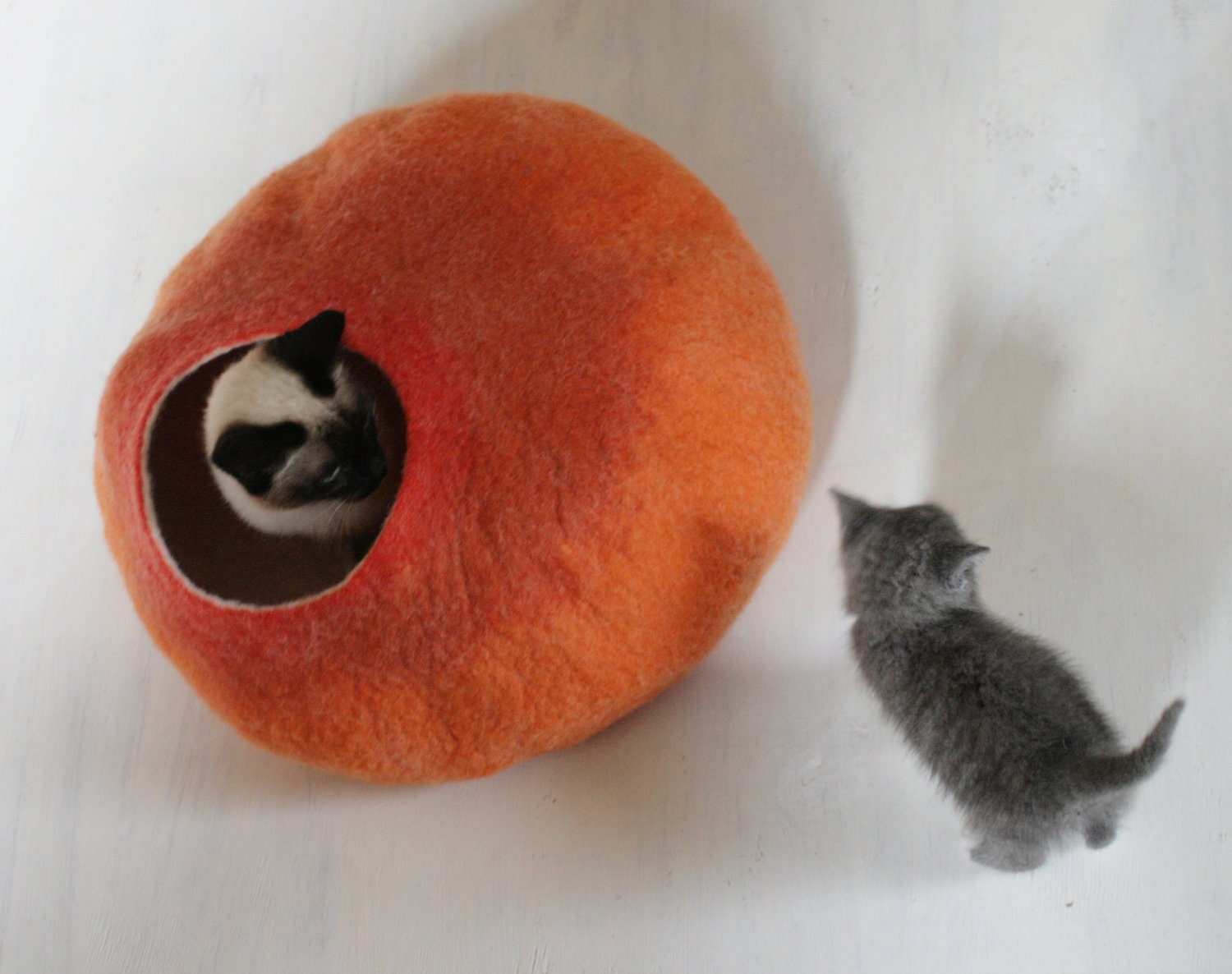 Cat Nap Cocoon / Cave / Bed / House / Vessel - Hand Felted Wool - Crisp Contemporary Design - READY TO SHIP Orange Bubble