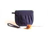 Bridesmaid Gift Idea Pleated Wedding Bridal Wristlet, Clutch, Navy Blue Rosebud Wedding Purse, Bag by Lolos
