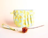 Bridesmaid Gift Idea Clutch, Spring Wedding bridal clutch, purse, wristlet, cosmetic pleated clutch Blue Yellow circles by Lolos