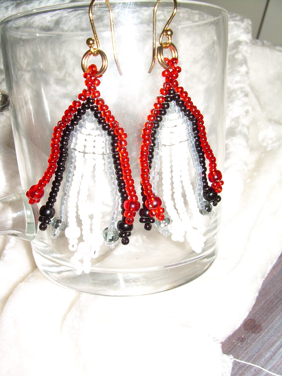 Sale Red Black Silver White Beaded Duster Fringe Earrings