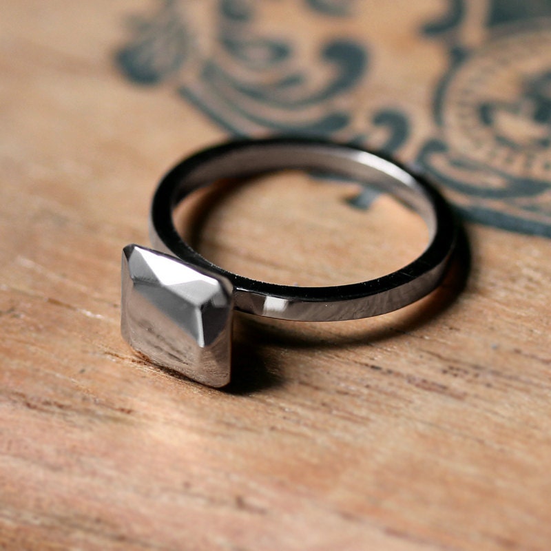 14k palladium white gold engagement ring - modern - faceted metal gem - Modern Rock Asscher - square cut - made to order
