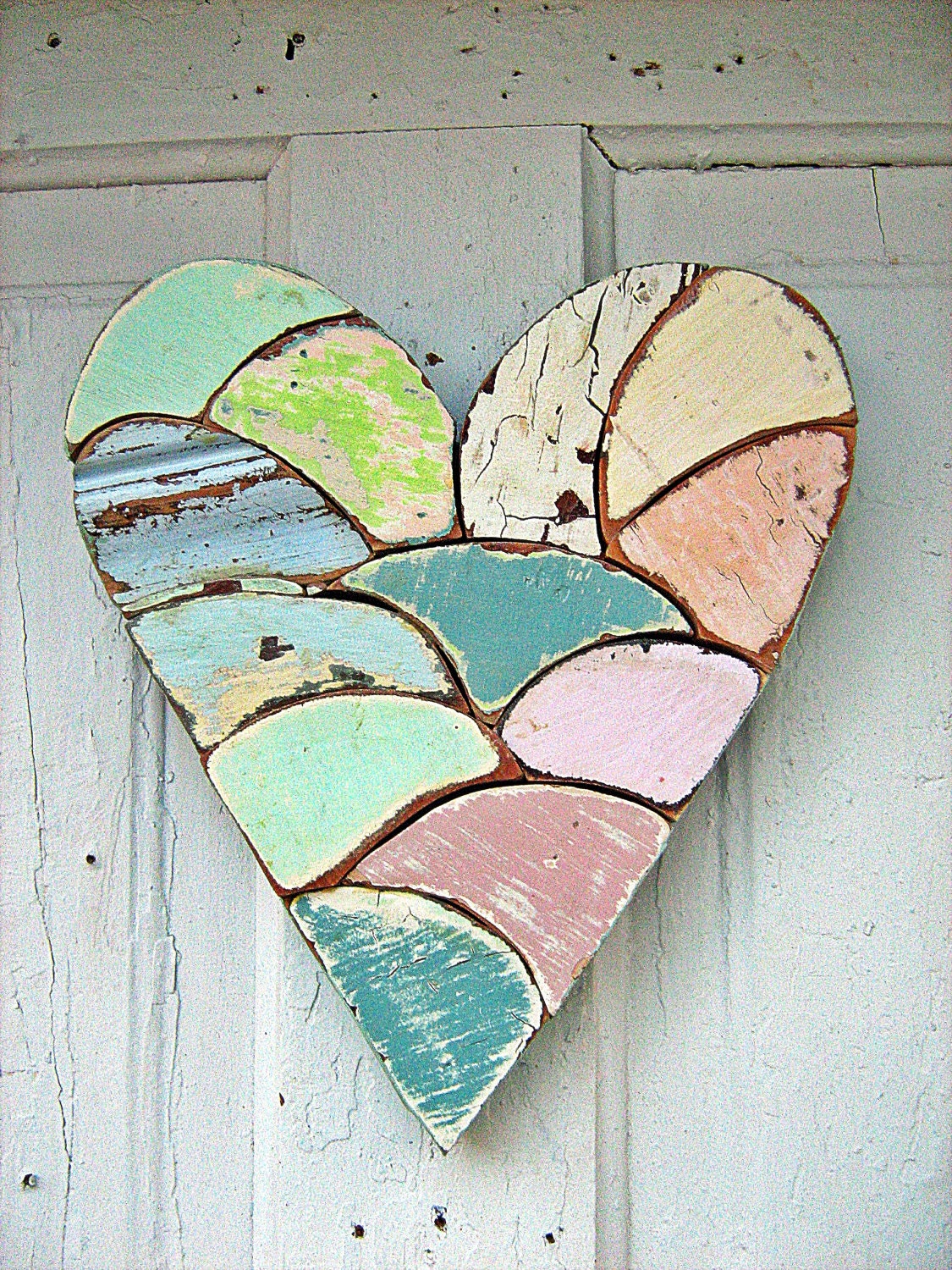Mosaic Heart Made From Reclaimed Wood Pink Blue Green