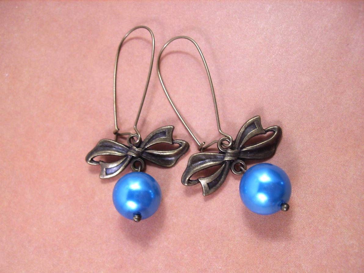 Pearl Earrings, Royal Blue and Brass Pearl, Long Dangle Earrings, FREE Shipping U.S.