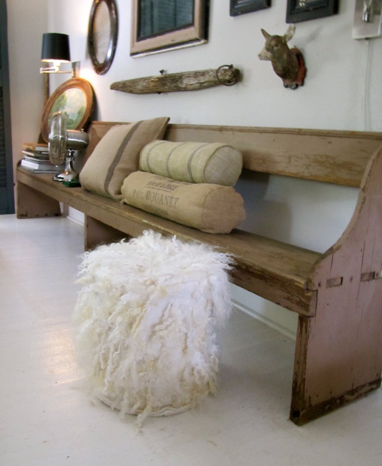 Small extra shaggy wool felt pouf