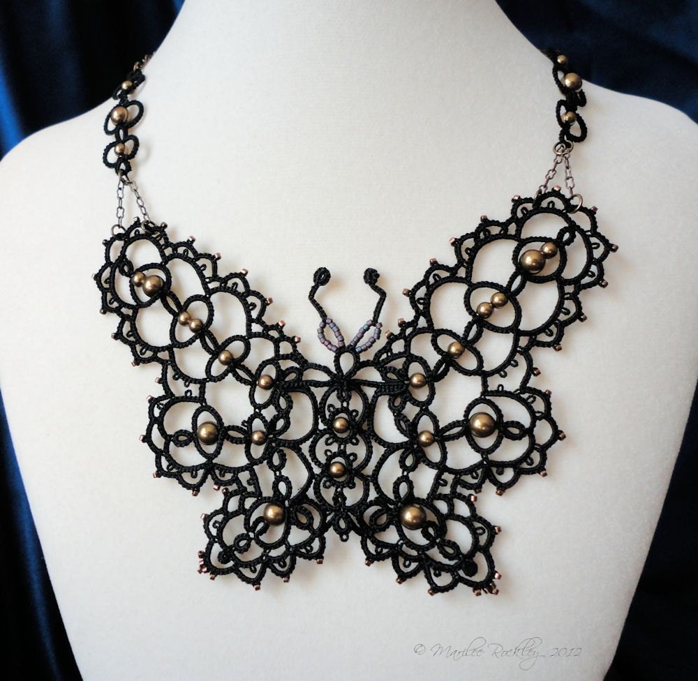Black butterfly necklace in beaded tatting