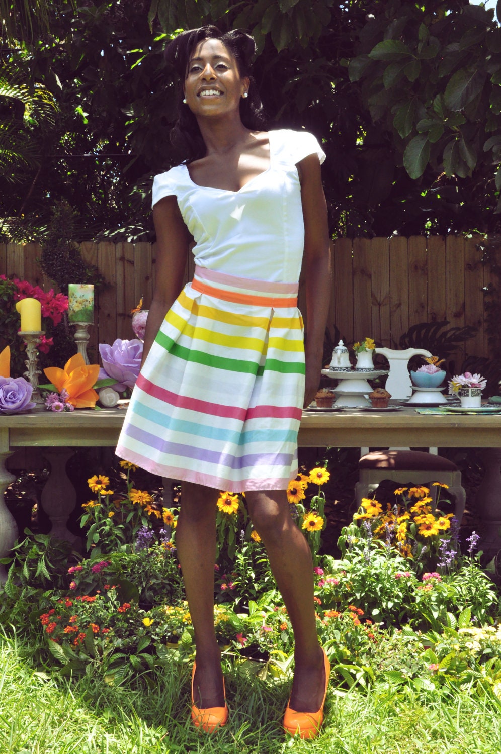 Pleated Rainbow Print Skirt Knee Length