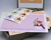 personalized stationery set Birds and Teacups Red Set - gift set flat card notecard red orange whimsical cute