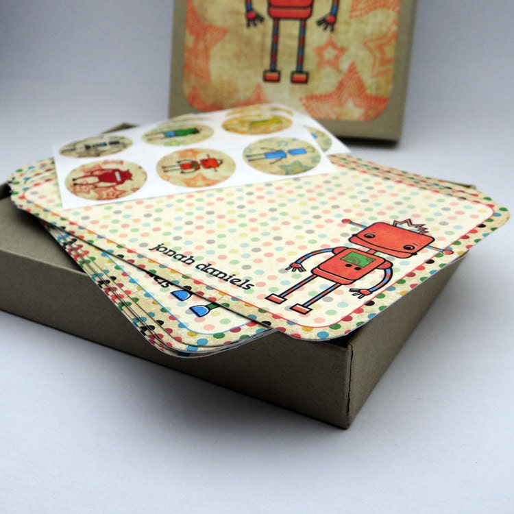 personalized kids stationery set- Robot Six Personalized Stationery Set - gift set flat card notecard robot orange yellow