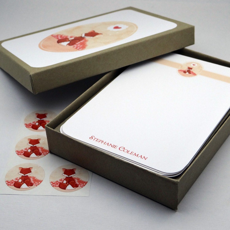 personalized fox stationery set- Little Fox Hearts You Personalized Stationery Set - gift set flat card notecard fox love