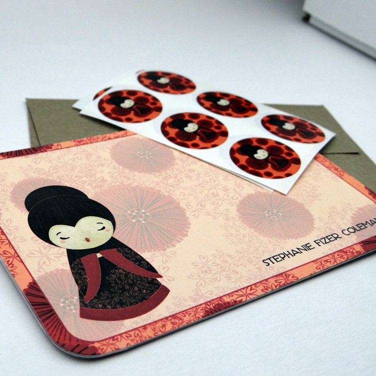personalized stationery set- Poppy Kokeshi Personalized Stationery Set - gift set flat card notecard kokeshi doll