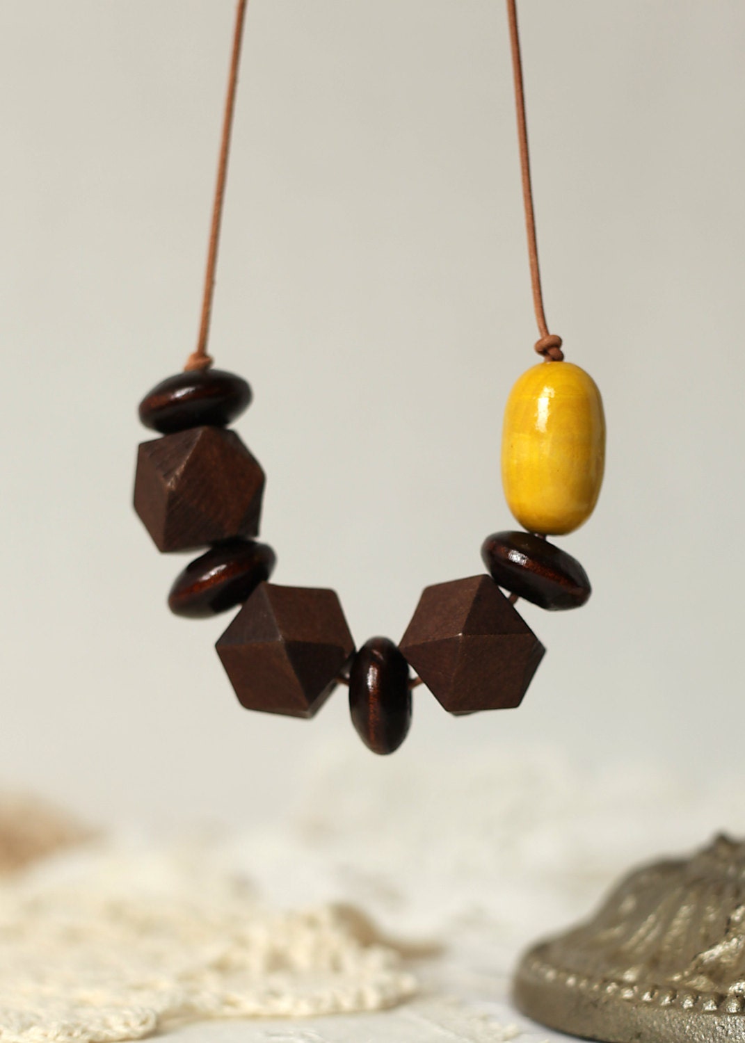 Chocolate & Yellow Wood Beaded Leather Necklace