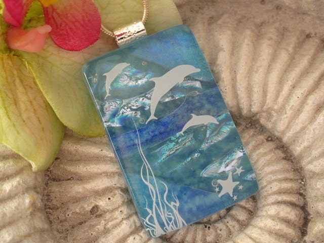 Dolphin Necklace - Dichroic Jewelry - Dolphin Play - Dichroic Fused Glass Jewelry - Necklace 080912p102