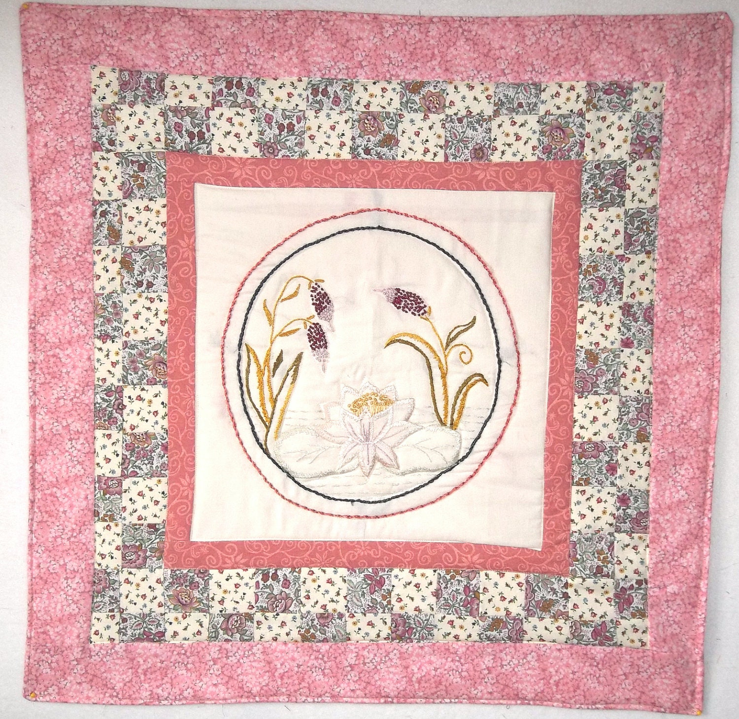 Patchwork, Vintage Embroidery, Waterlily Wallhanging, Upcycle, Repurpose