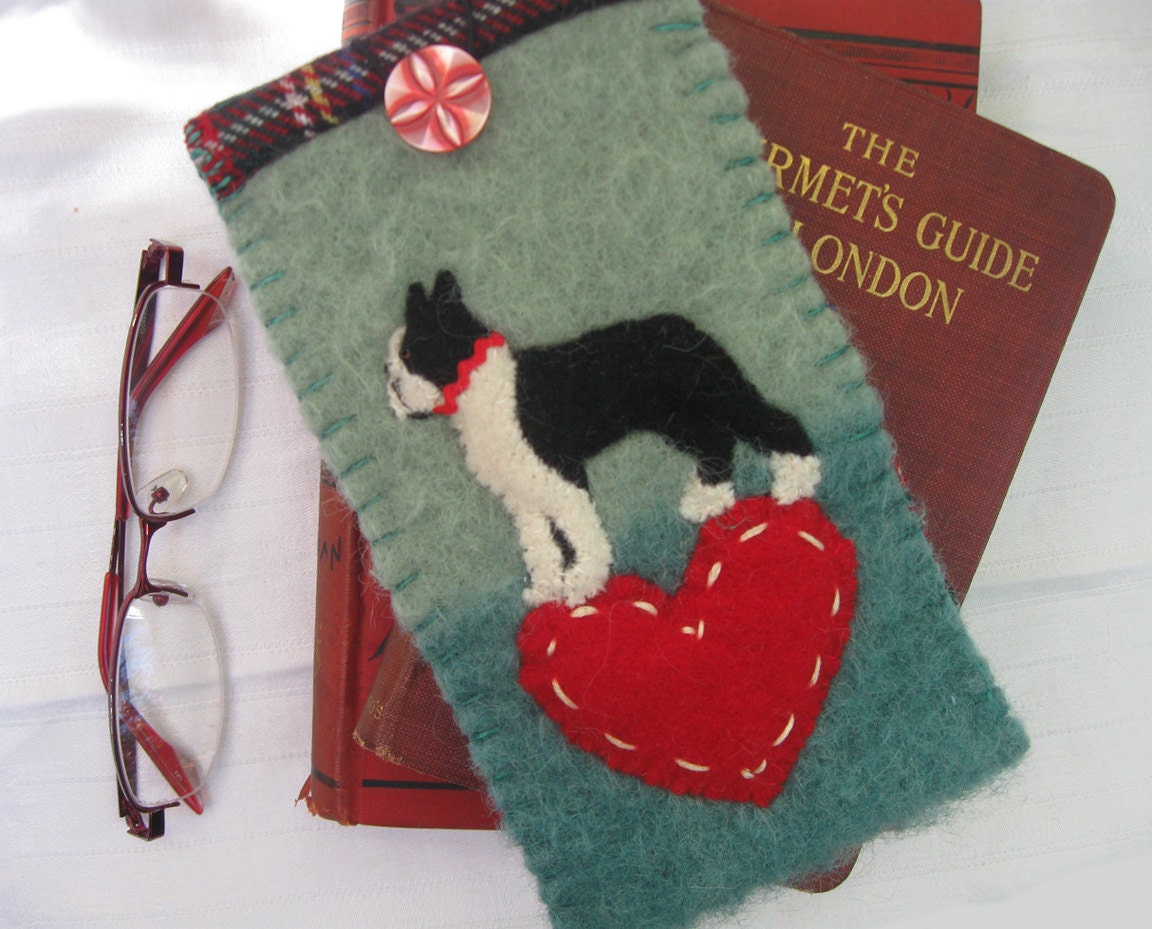 Boston Terrier Dog Eyeglass / Sunglasses Case, Vintage Wool