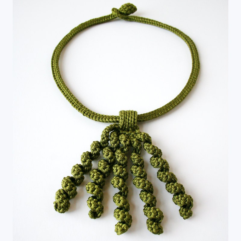 Fiber Art Jewelry - Silk Crocheted Lace Necklace / Lariat - Olive Green