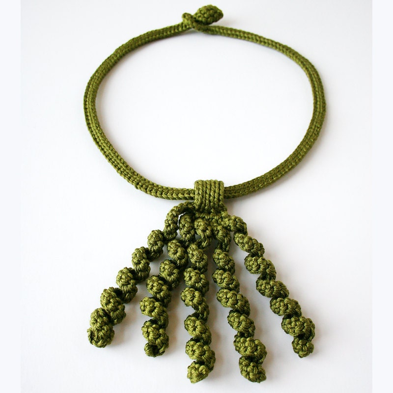 Wearable Fiber Art Jewelry - Silk Crocheted Lace Necklace / Lariat - Olive Green