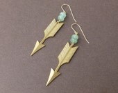 raw brass arrow earrings with green aventurine beads and gold filled earrings