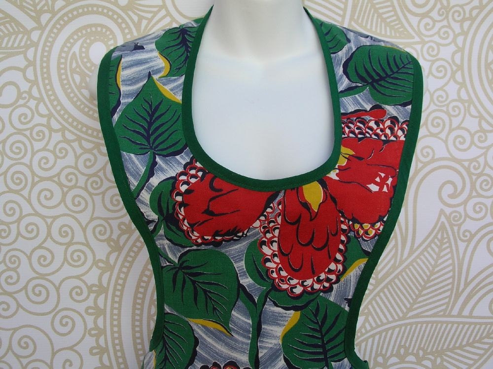 Womans Apron With Retro Red and Green Butterfly Fabric