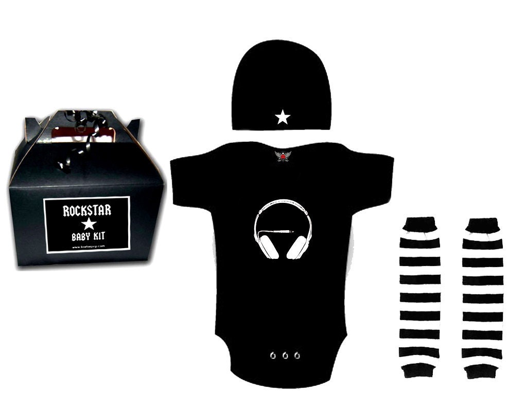 Punk Rock Baby DJ Headphones Hip Hop Ipod Gift Set Romper Hat Leg warmers
