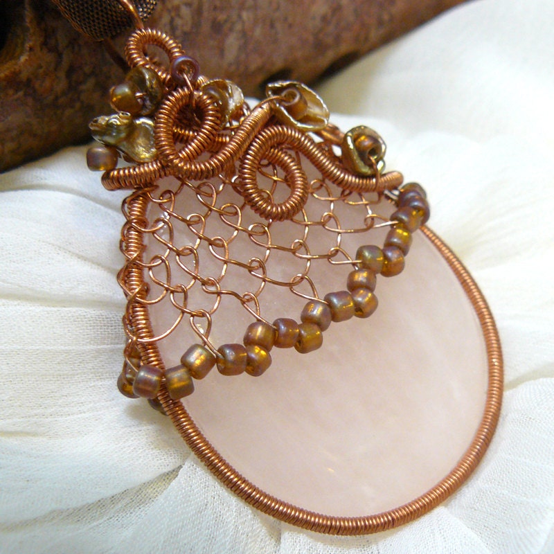 Wirewrapped Rose Quartz Teardrop Pendant in Copper Wire Basket Weave