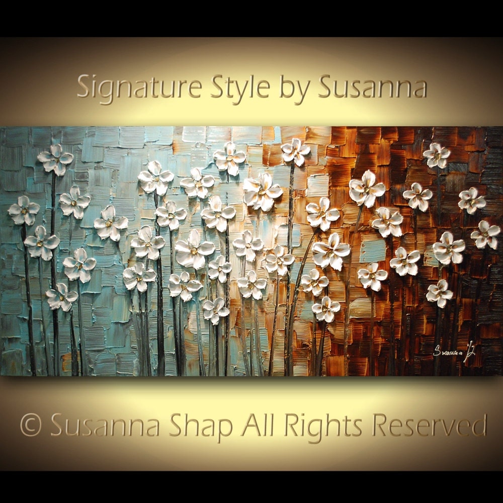 ORIGINAL Large Abstract Contemporary Textured White Daisy Flowers Landscape Painting Modern Palette Knife by Susanna Ready to Hang 48x24