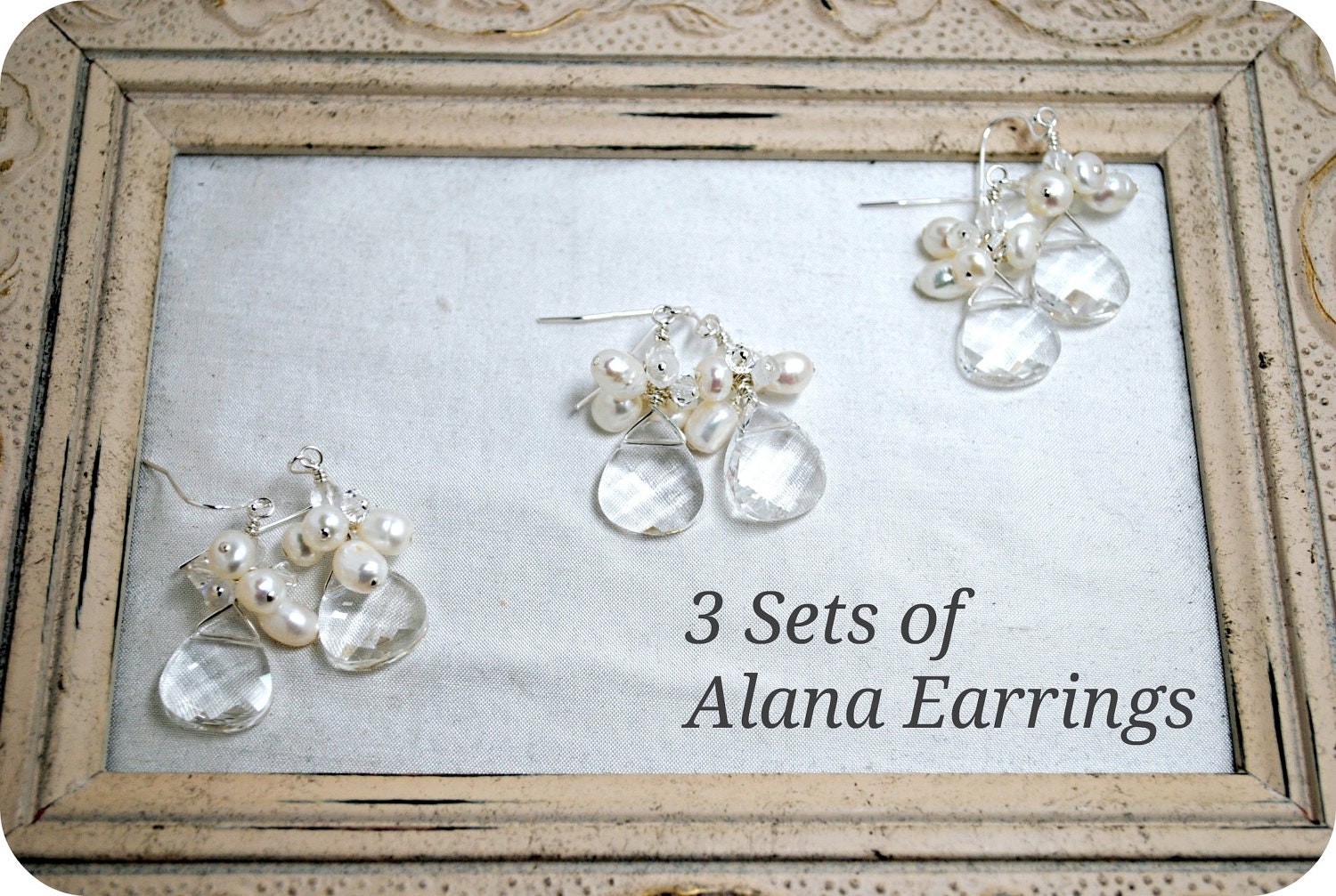 3 sets of Bridesmaids Earrings, Three Cluster Crystal Teardrop Earrings, Freshwater Pearls, Beach Wedding Theme, Sterling Silver