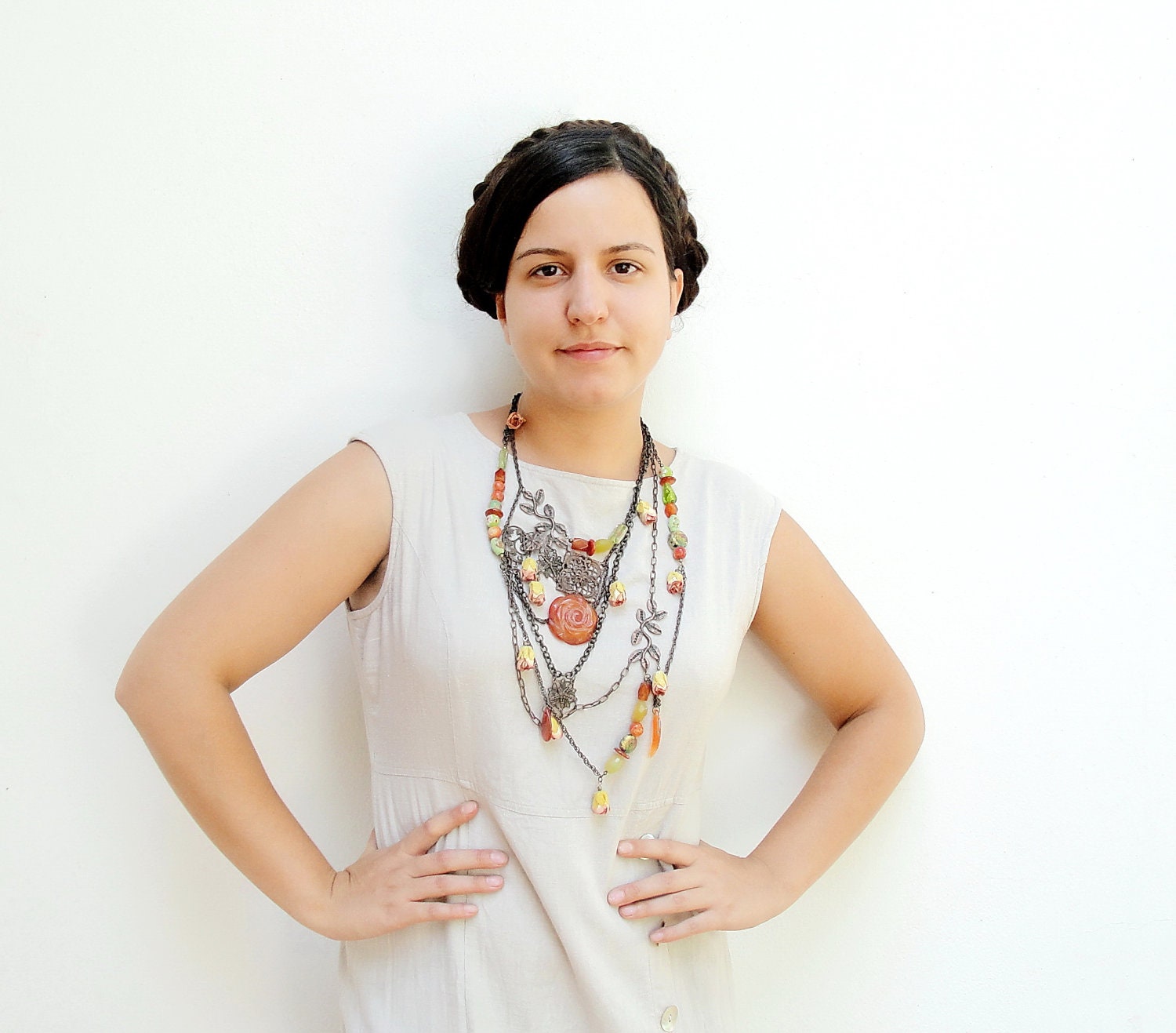 Gemstone Statement Necklace Agate, Citrine and Coral