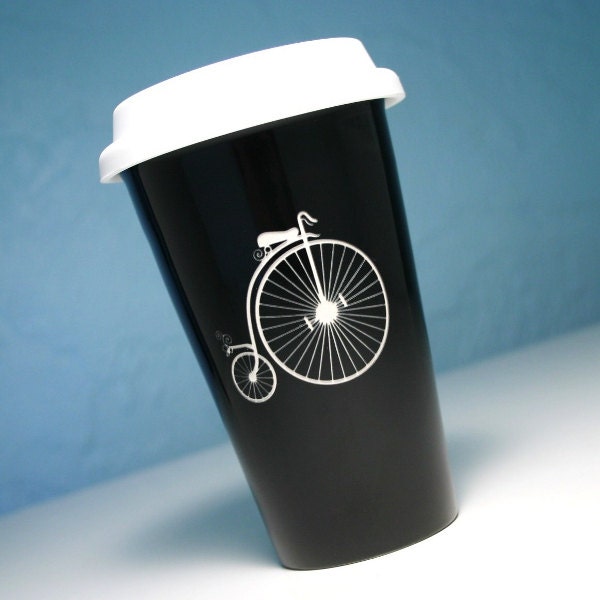 Black Ceramic Travel Mug - Penny Farthing Bicycle - ordinary bike coffee cup