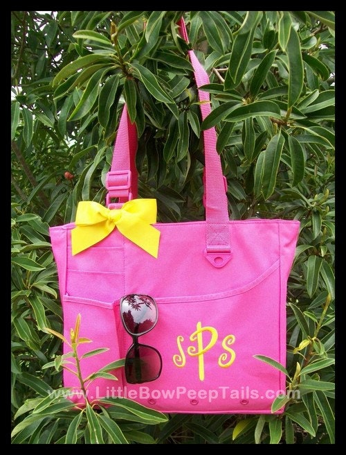 Hot Pink Monogrammed Super Feature Tote - Personalized Solid Color Book Bag Bridesmaids Teachers Travel Briefcase Initials Diaper Bag