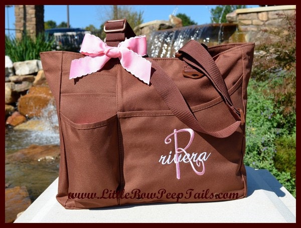 Girls Diaper Bag - Initial and Name Monogrammed Tote - Personalized Large Size Solid Color Baby Shower Gift Idea Moonstitch Ribbon Bow