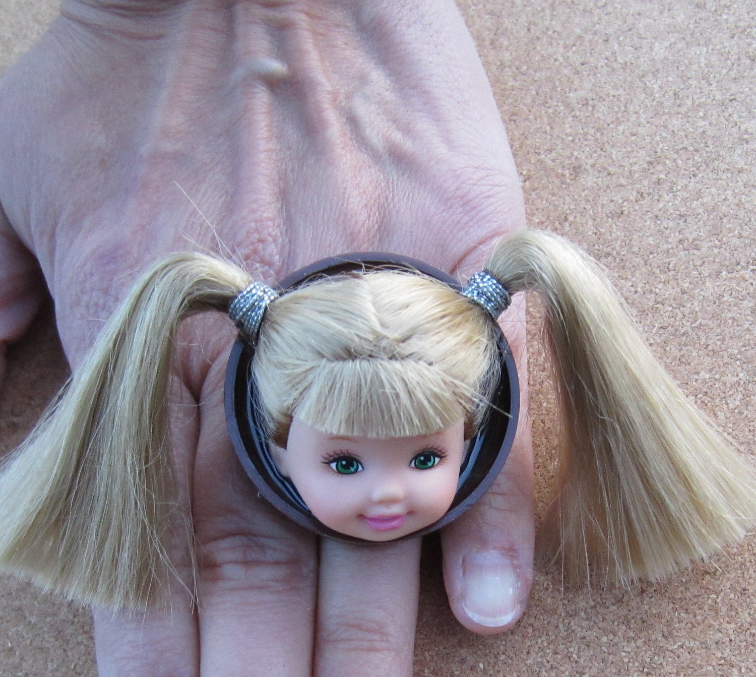 Pigtails - upcycled bottle cap doll ring