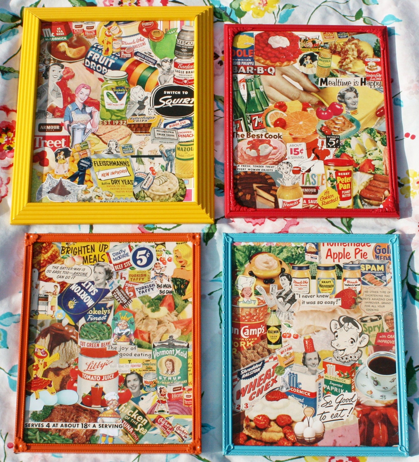 Mixed Media Food Retro Collage Art Set For Your Funky Retro Kitchen Save 40 Dollars And Free Shipping
