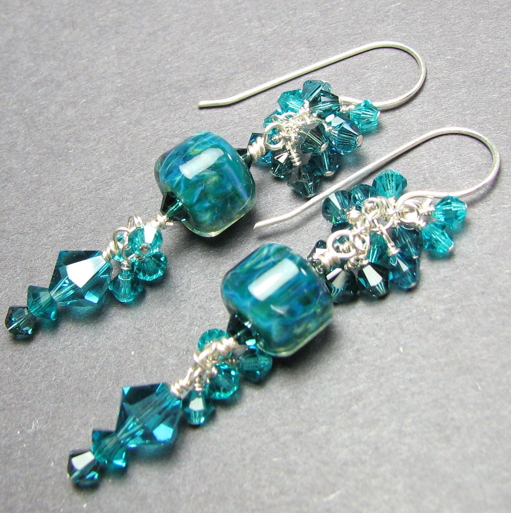 Long teal cluster earrings Sterling silver boro lampwork beads, Swarovski crystals - Ocean: teal blue, aqua blue