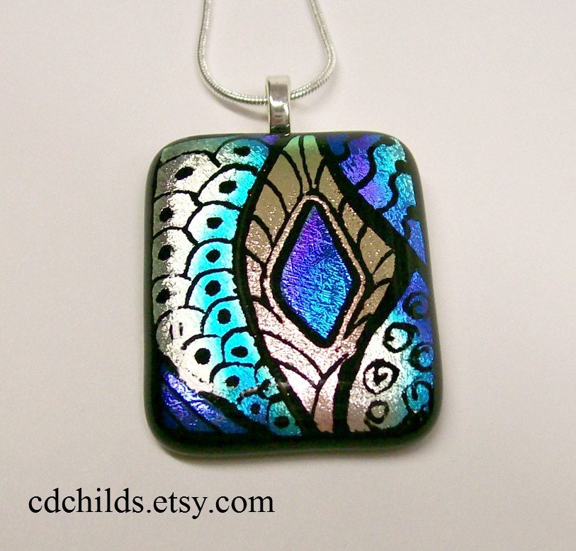 Fused Glass Dichroic Pendant (Peacock Zen Tangle)