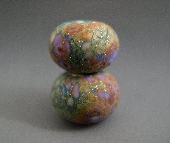 Naos Glass - Lily Pad Gardens Pair - Handmade Lampwork Beads SRA Artisan Glass Beads Teal Rust Tones Lilac Lavender - Made To Order