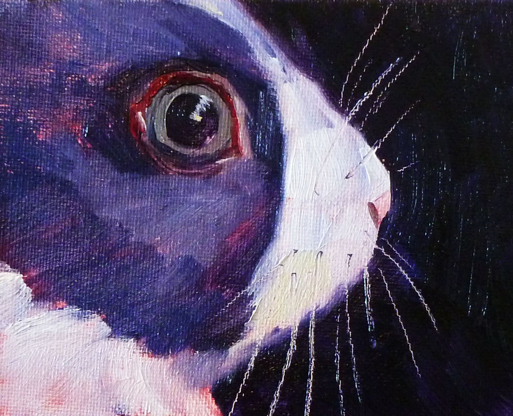 Original Bunny Oil Painting, Small 4x5, Miniature on Canvas, Dutch Rabbit, Gray, Blue, Purple Portrait, Wall Decor