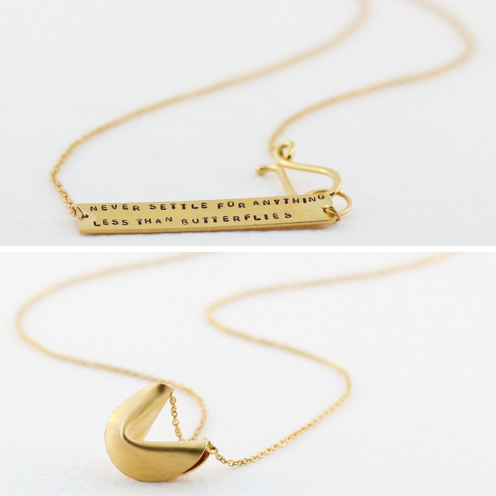 never settle for anything less than butterflies - 16" 18k gold vermeil fortune cookie necklace with fortune message at clasp