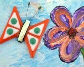 3D Mixed Media Painting / Expressionism Art / Impasto / Original Acrylic Painting with Fused Glass Butterfly Magnet - Happy Flowers no. 5