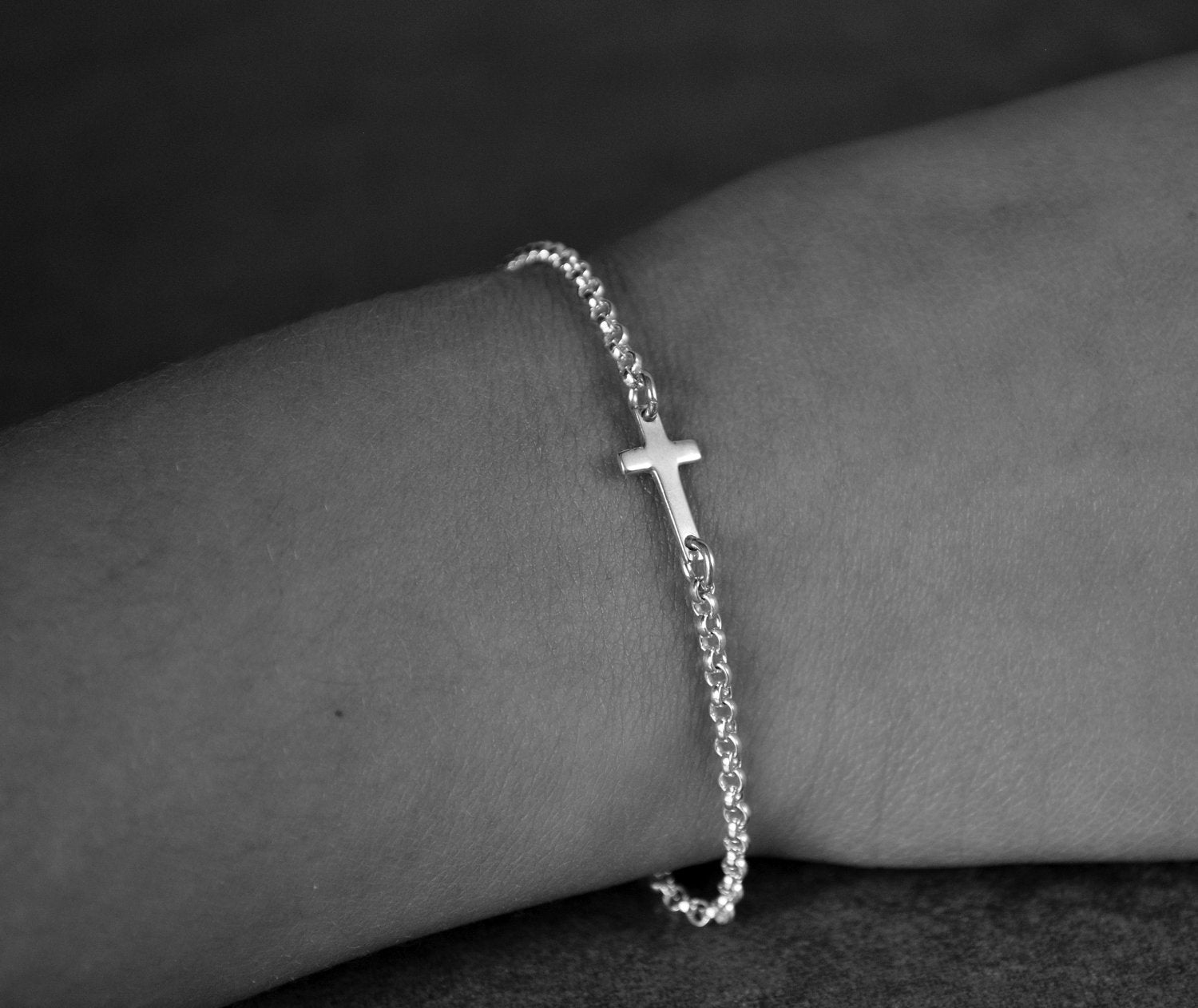 girls sideways cross bracelet in sterling silver