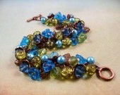 Flower Charm Bracelet, Blue and Green Bouquet, Copper Blossom Charm Bracelet, Free Shipping U.S.